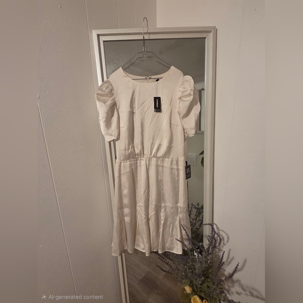 Express satin puff sleeve ruffle mini dress in a cream color. 